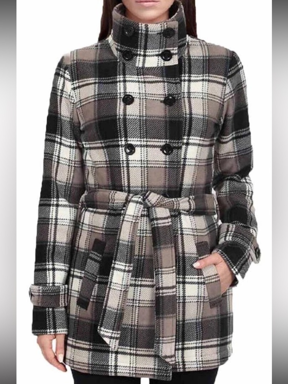 Ike Behar XL Soft Plaid Double Breasted Pea Coat in Black Gray & Taupe